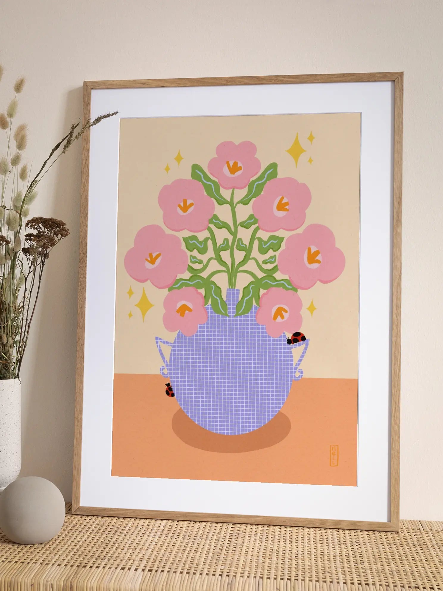 Pink Retro Flowers in a Vase Illustration Poster