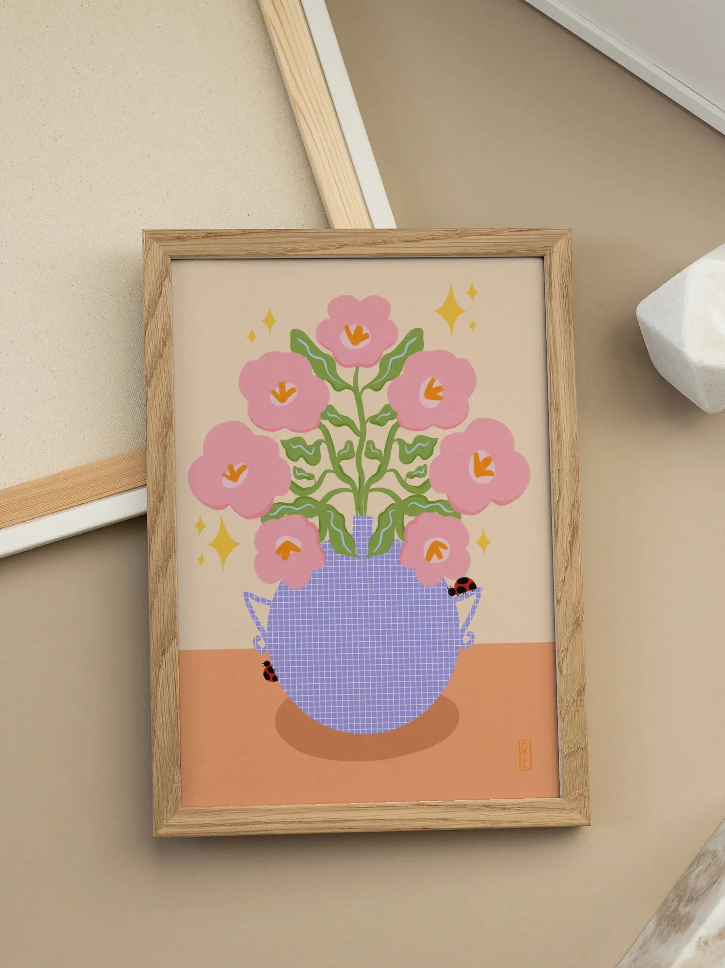 Pink Retro Flowers in a Vase Illustration Poster