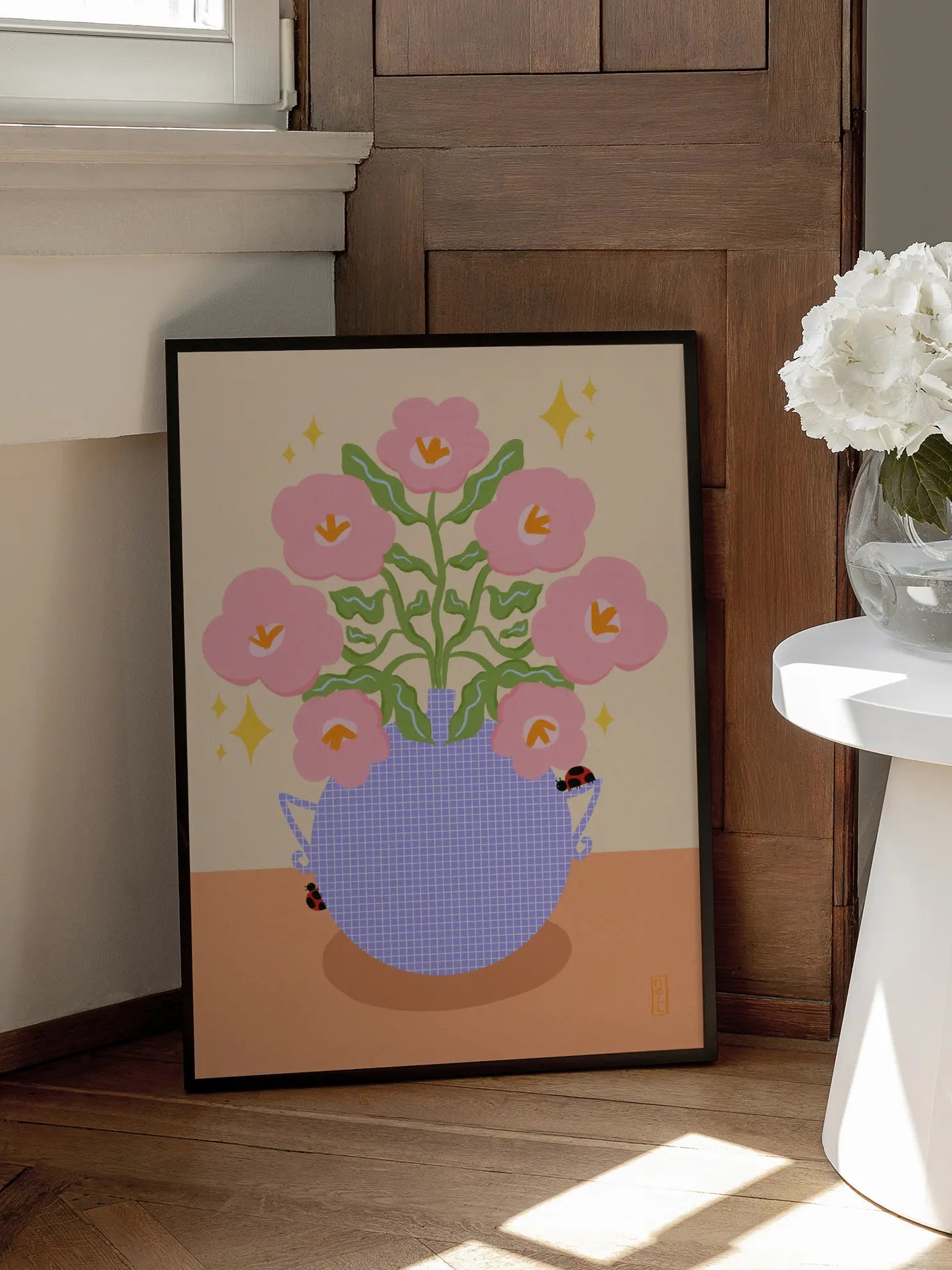 Pink Retro Flowers in a Vase Illustration Poster