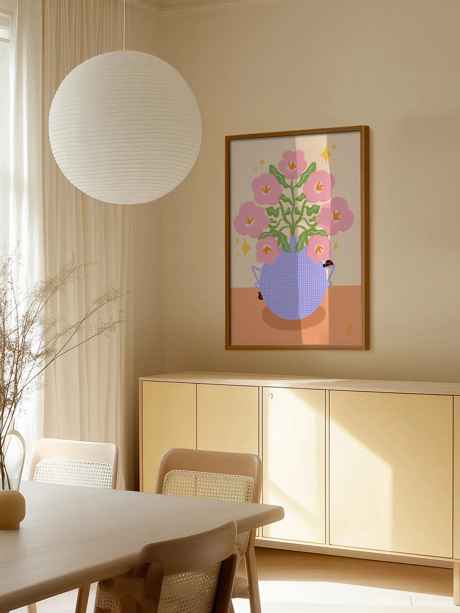 Pink Retro Flowers in a Vase Illustration Poster