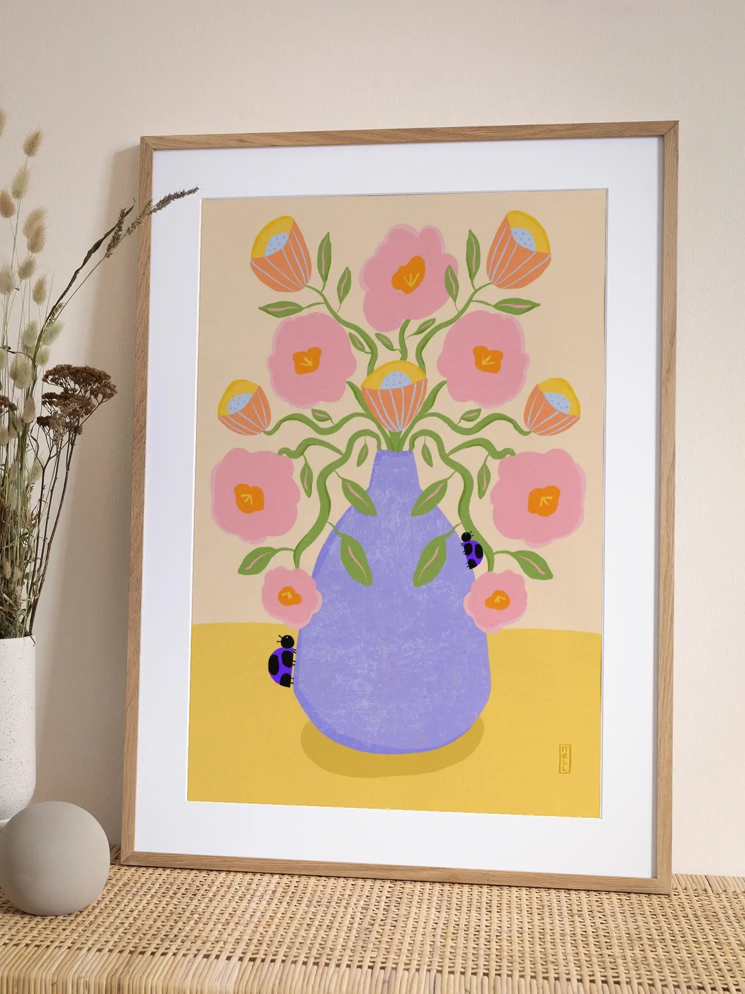 Summer Retro Flowers in a Vase Illustration Poster