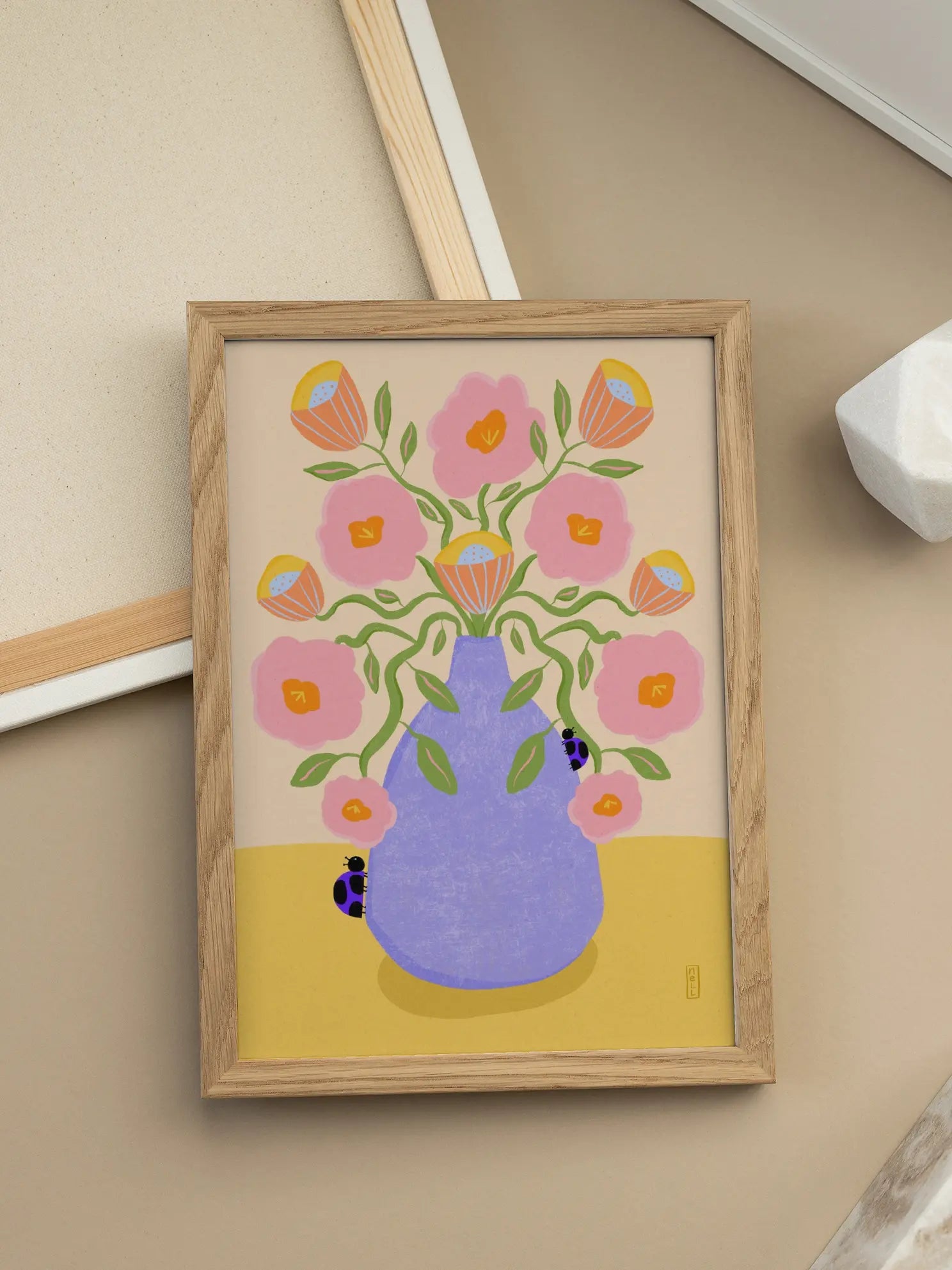 Summer Retro Flowers in a Vase Illustration Poster