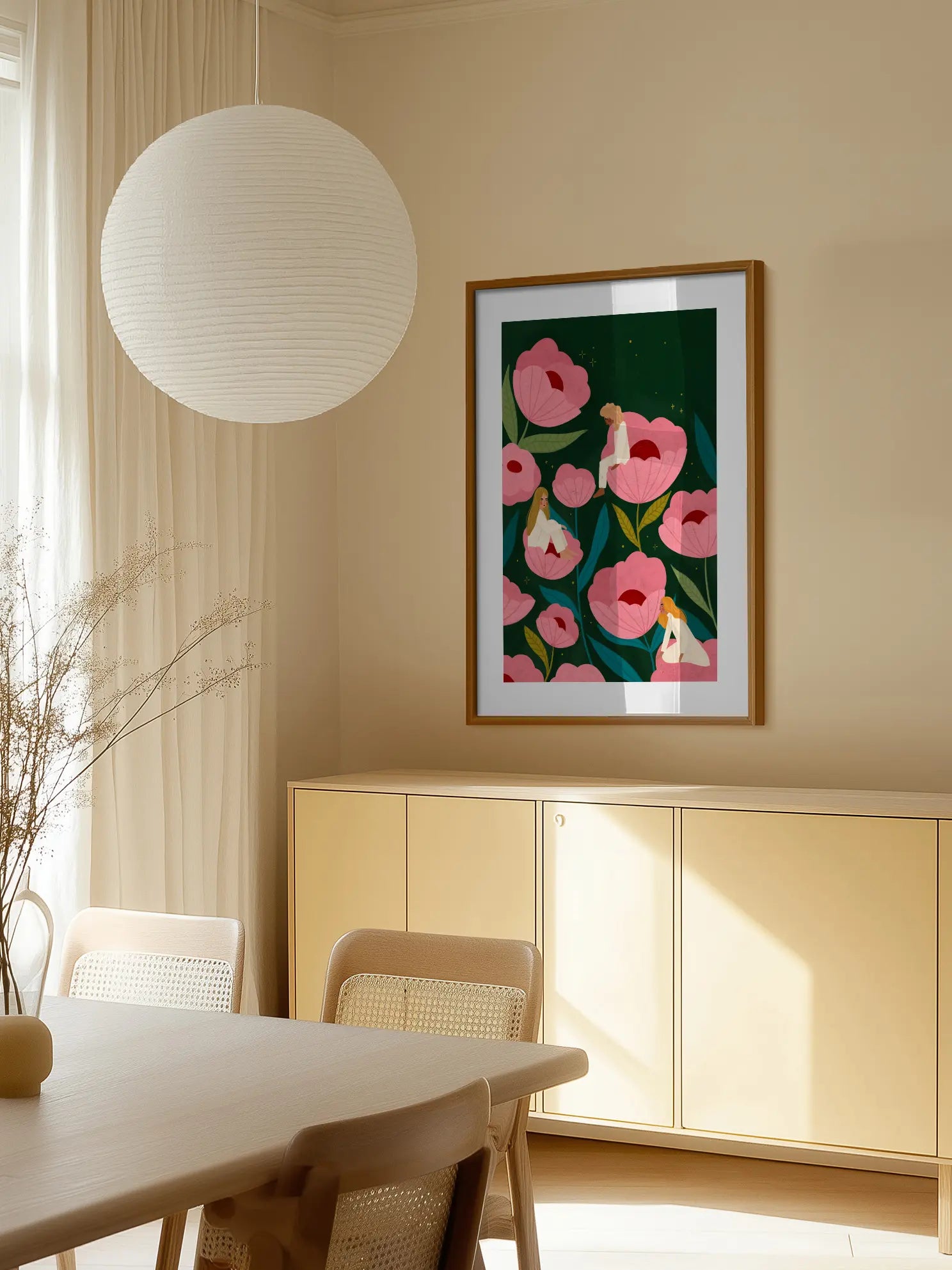 Three Women Sitting on Large Pink Flowers Poster
