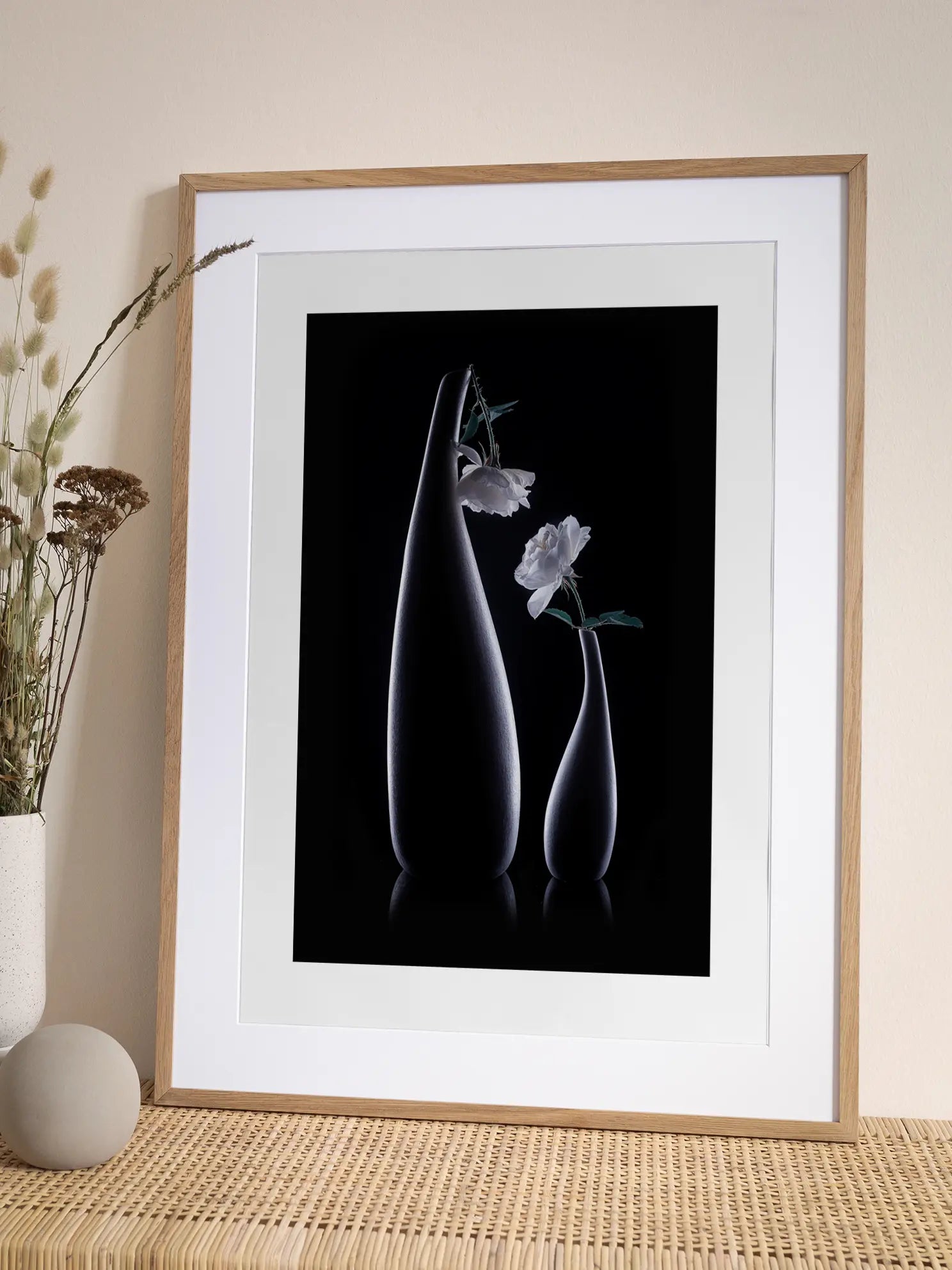 White Roses in Black Vases Poster