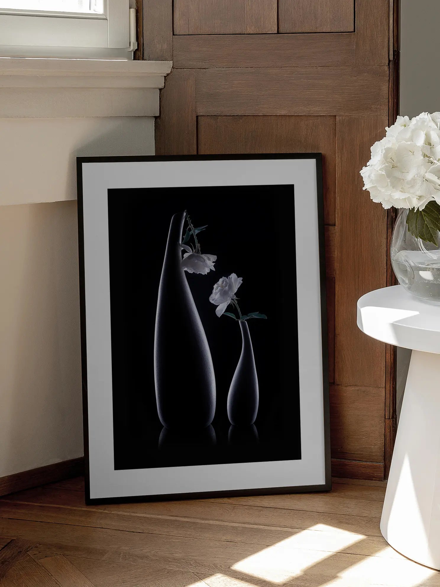 White Roses in Black Vases Poster