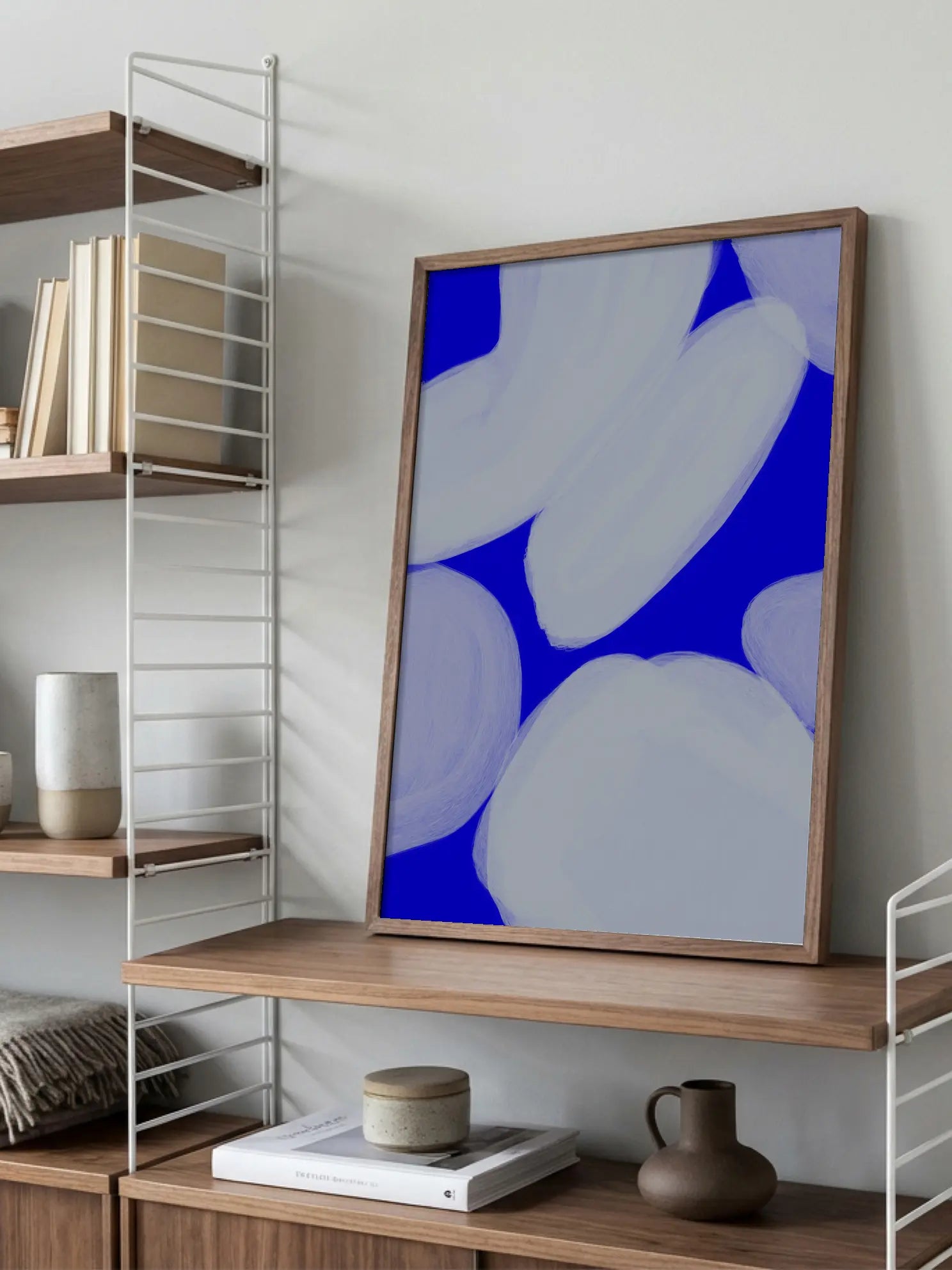 White Strokes on Blue Poster