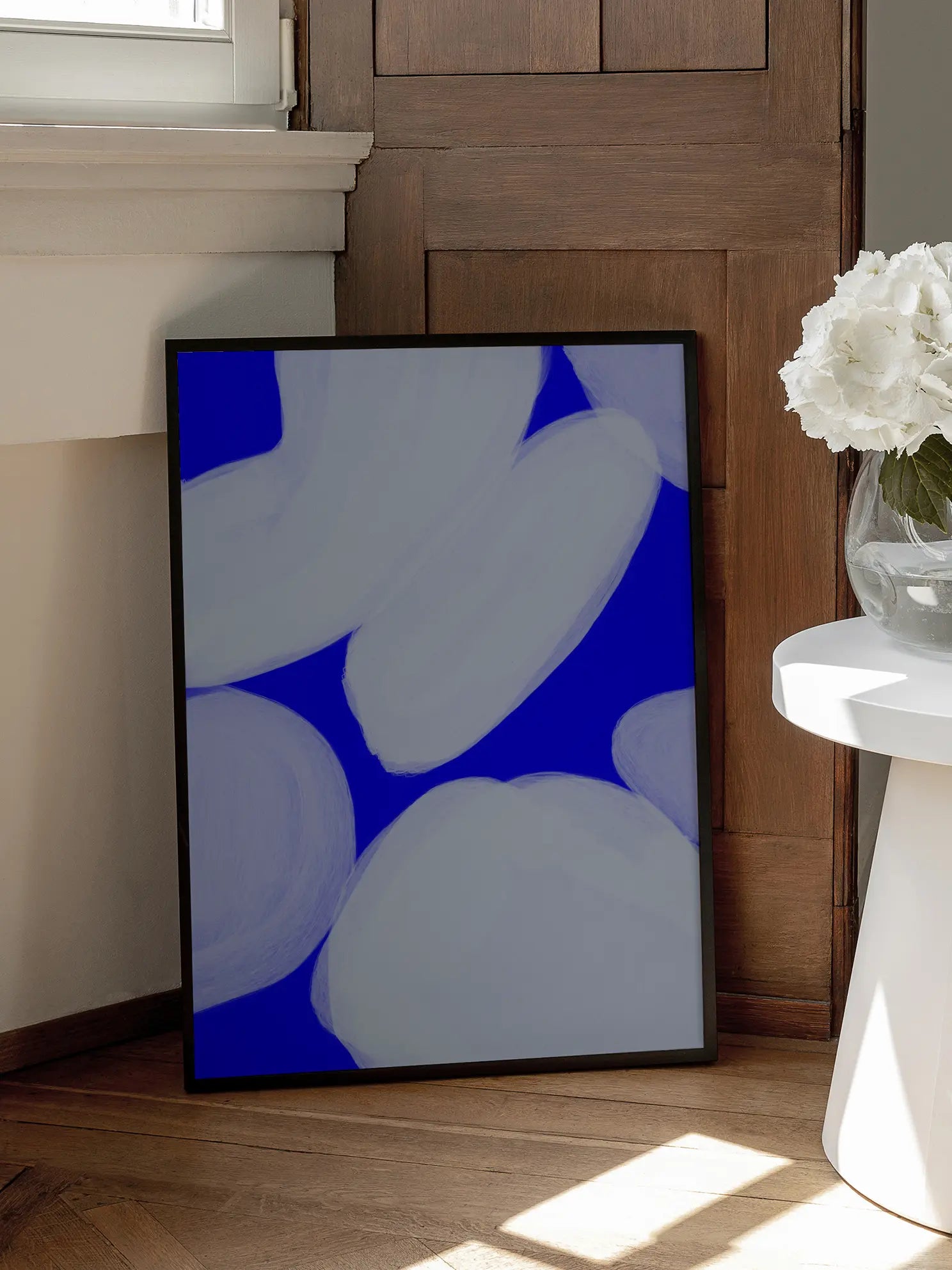 White Strokes on Blue Poster