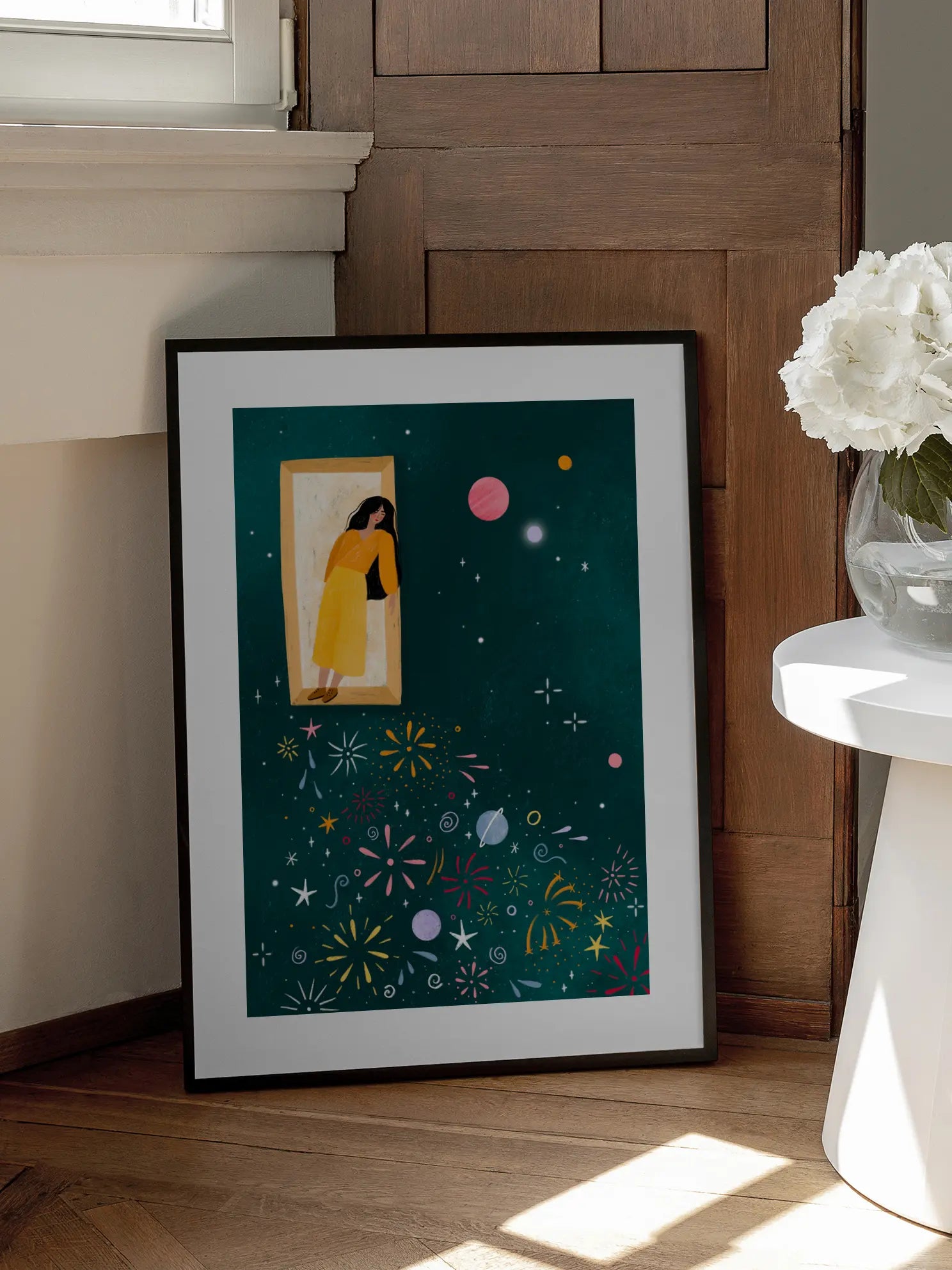 Yellow Dress Leans From A Window Poster