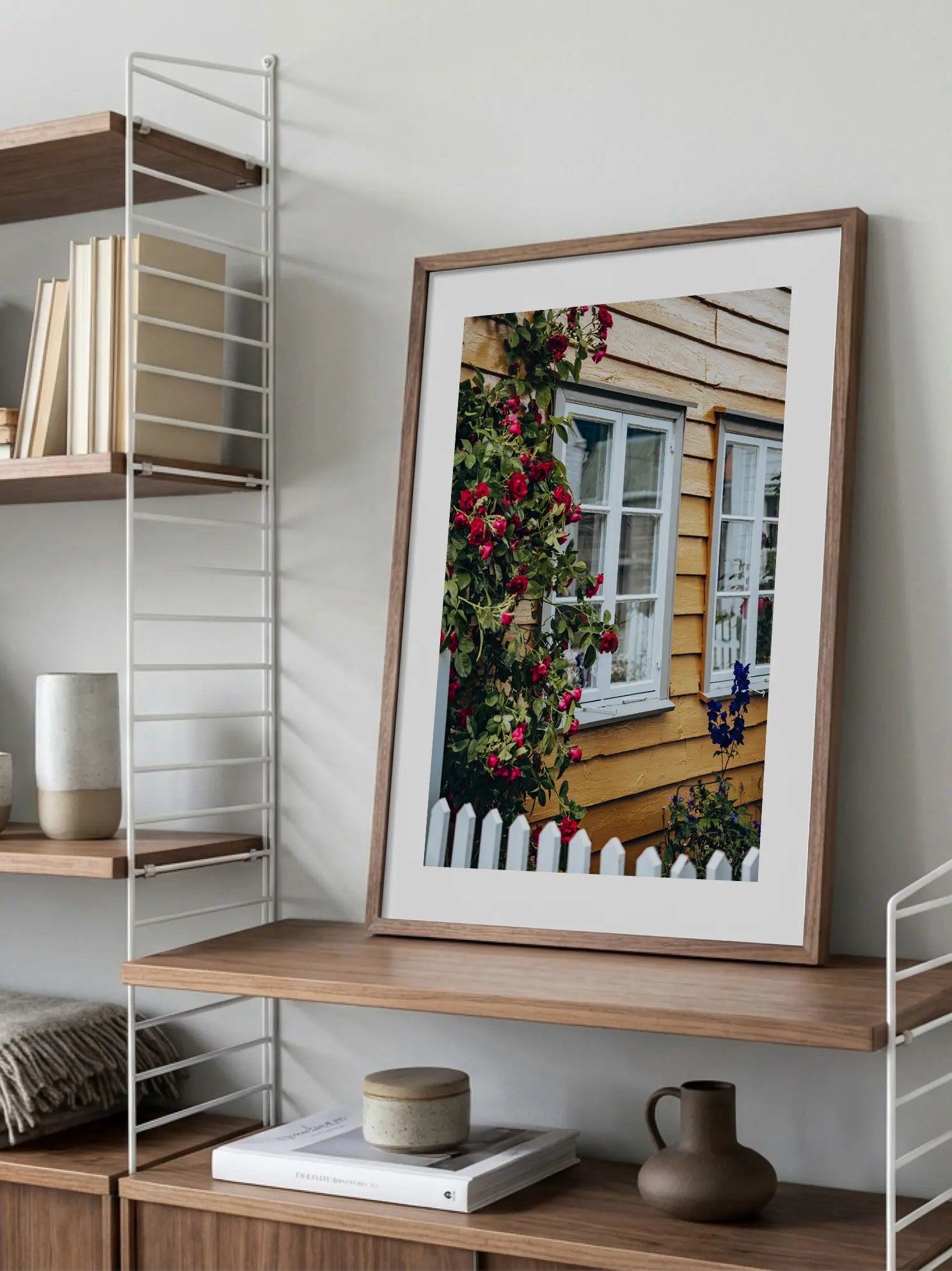 Yellow House with Roses Poster