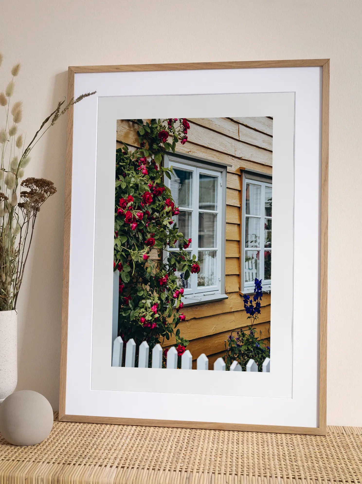 Yellow House with Roses Poster