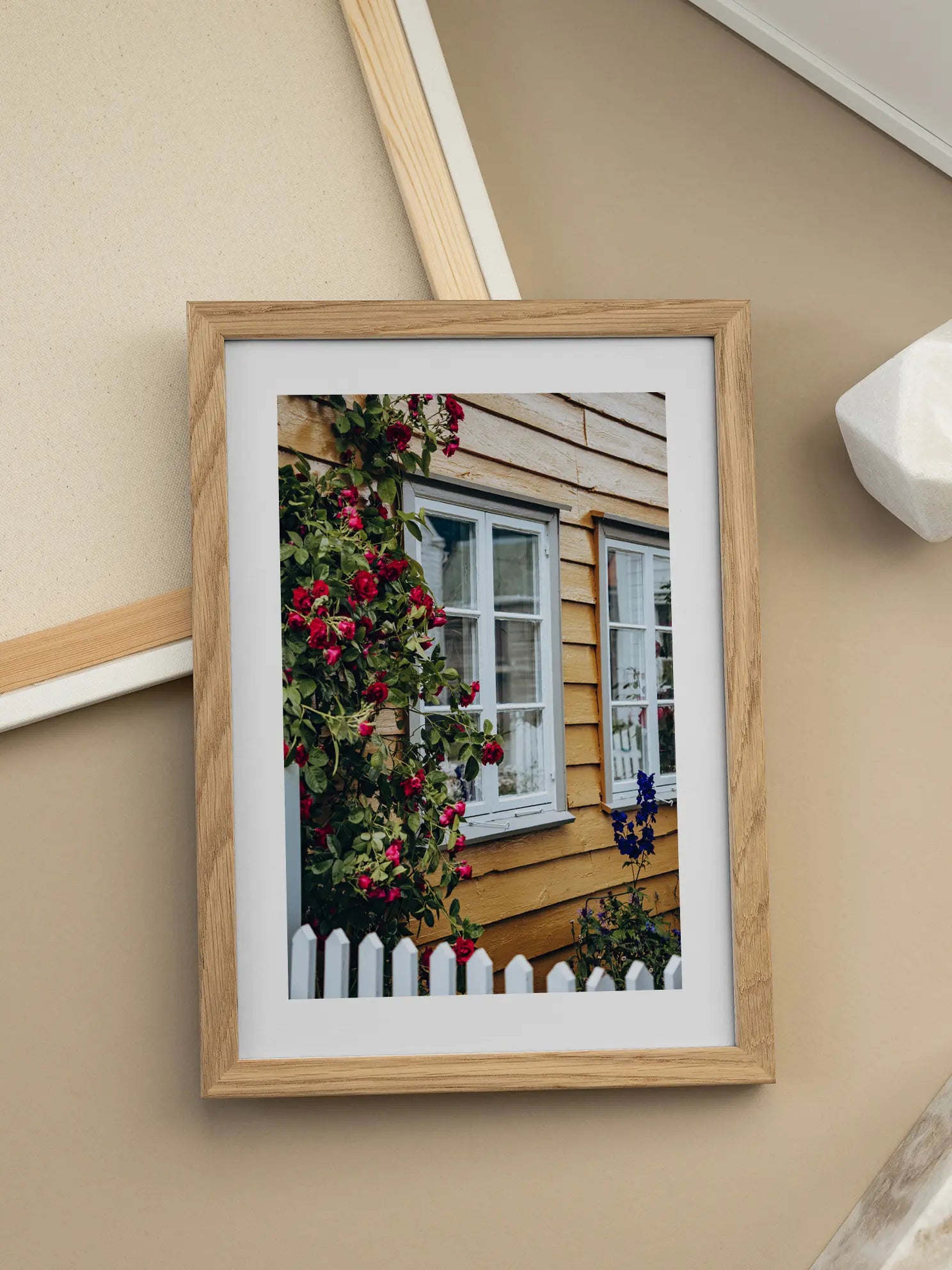 Yellow House with Roses Poster