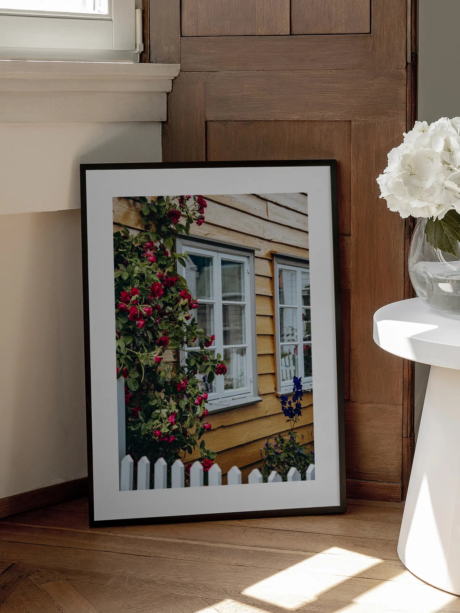 Yellow House with Roses Poster