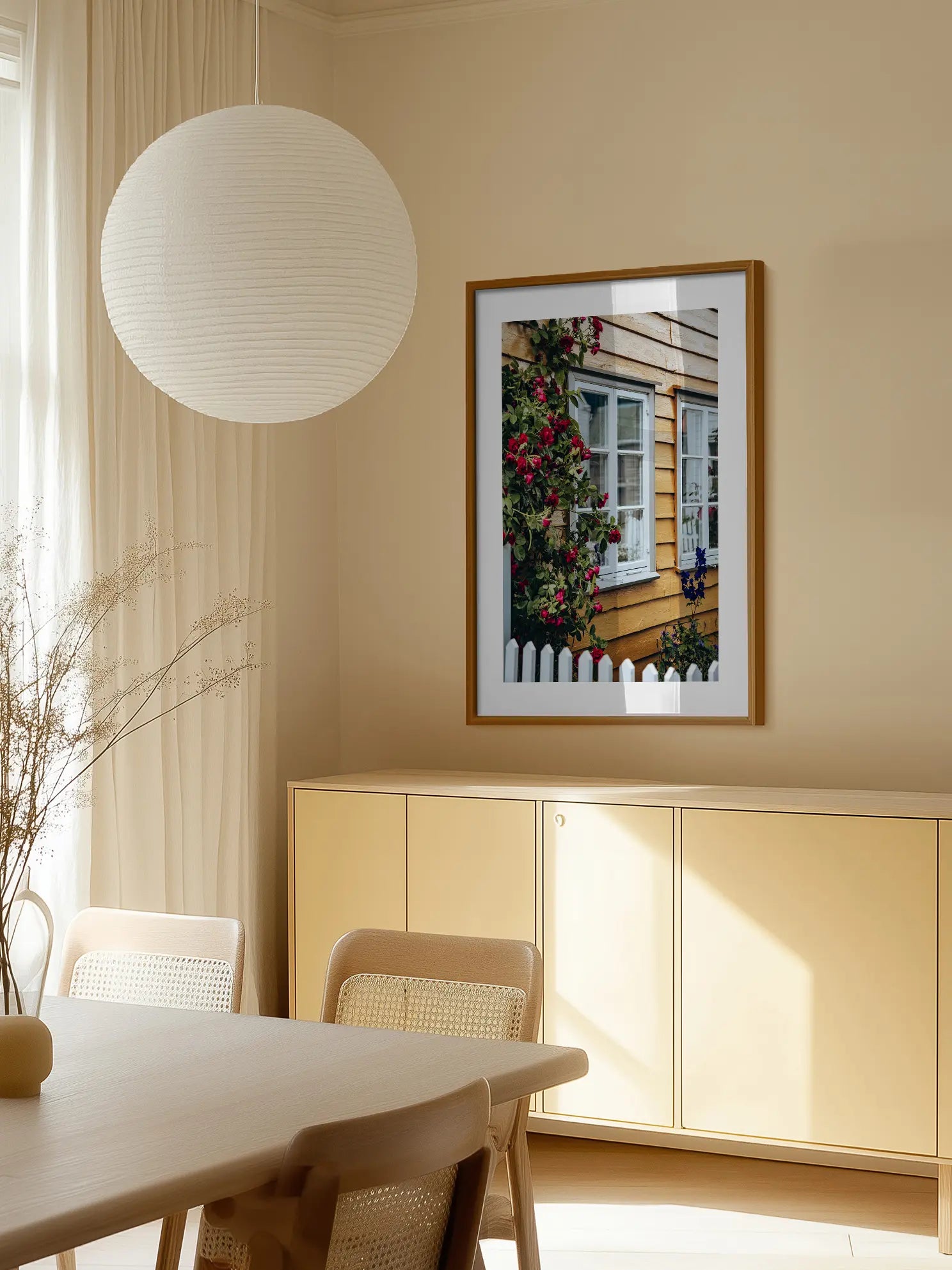 Yellow House with Roses Poster